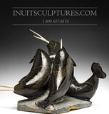 Masterpiece  22" 60 Lbs School of Double Tusk Narwhals by Jaco Ishulutak